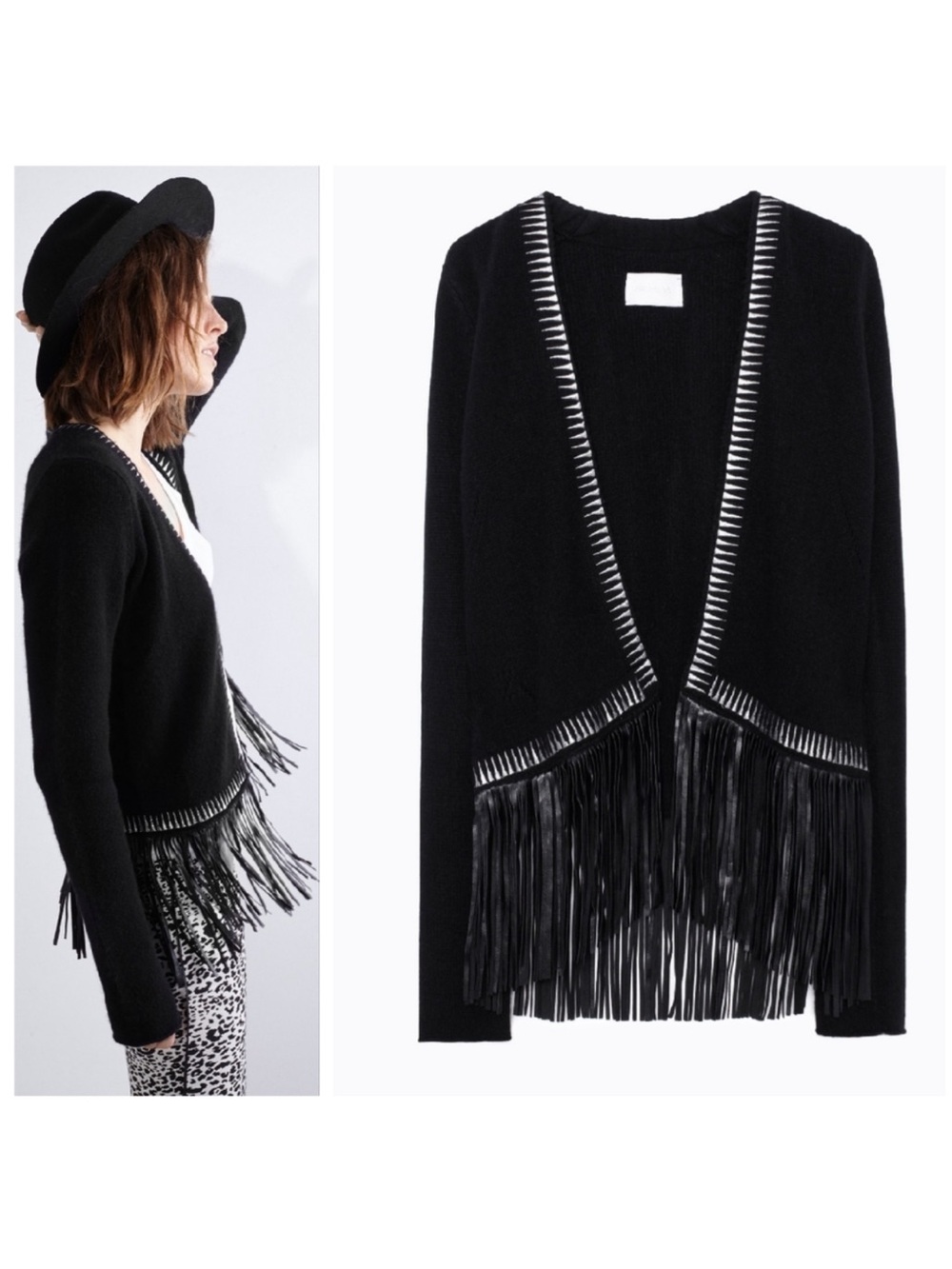 Zadig & Voltaire Marla Cashmere Leather Fringe Open Front Cardigan Sweater Indie